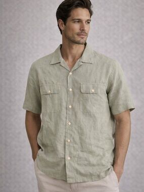 Polo Ralph Lauren 100% Linen Sage Green Camp Shirt Medium Luxury Classic Vintage